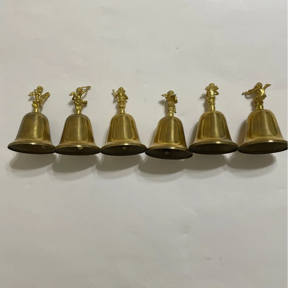 VINTAGE set/6 brass hand bells cherub/angel musical instrument figure handles